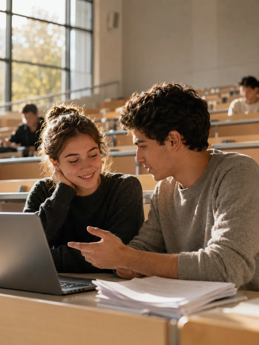 Two students working through a thesis together at a laptop in a university lecture hall